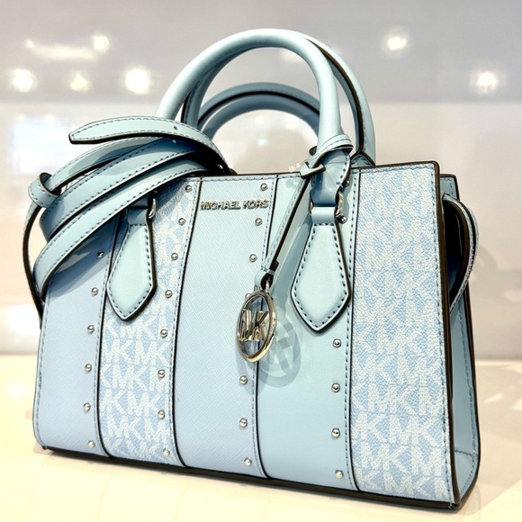Michael Kors Sheila Small Studded Signature Logo Satchel Bag Light Sky Blue - Picture 1 of 10